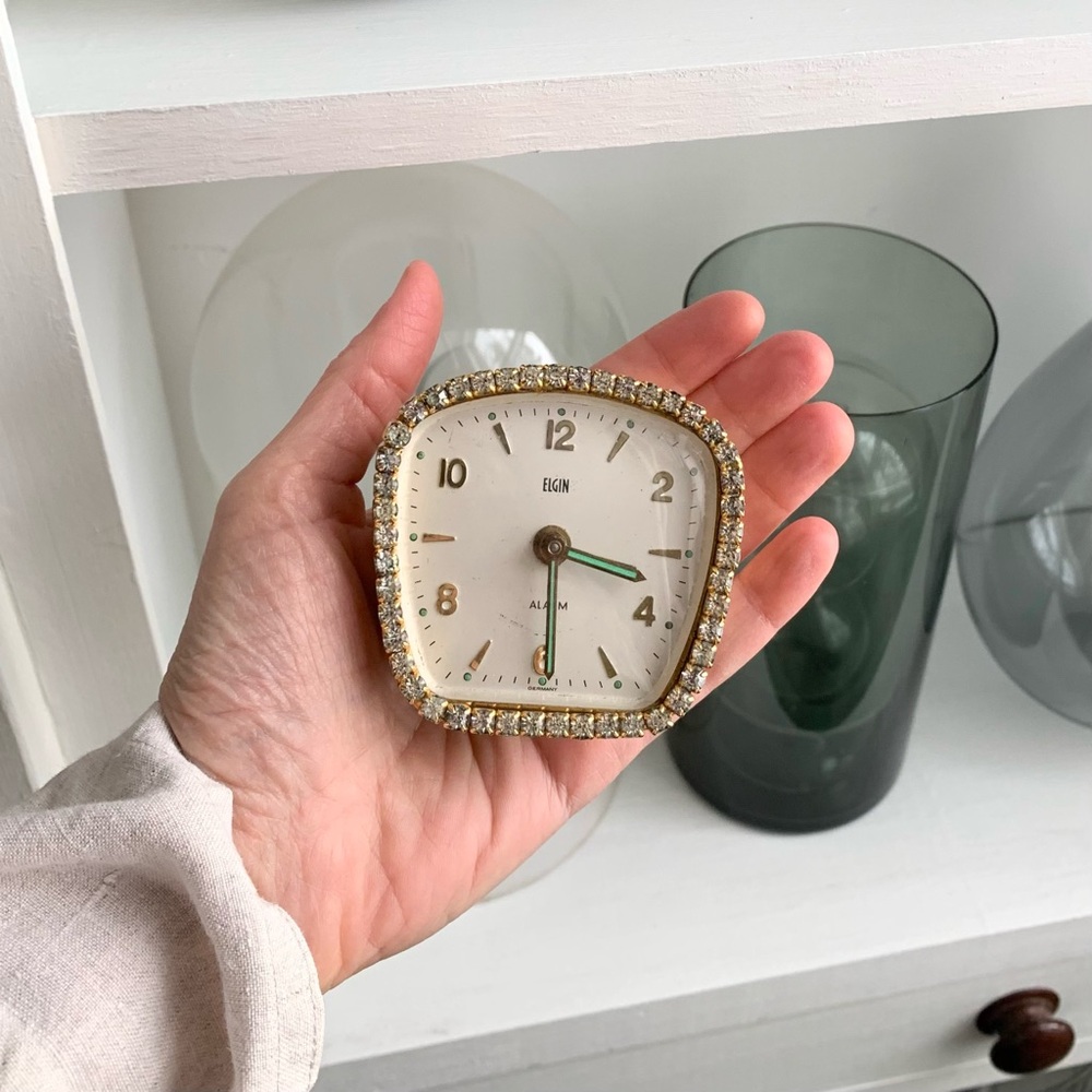 antique/vintage Elgin gold tone & clear rhinestone windup clock
